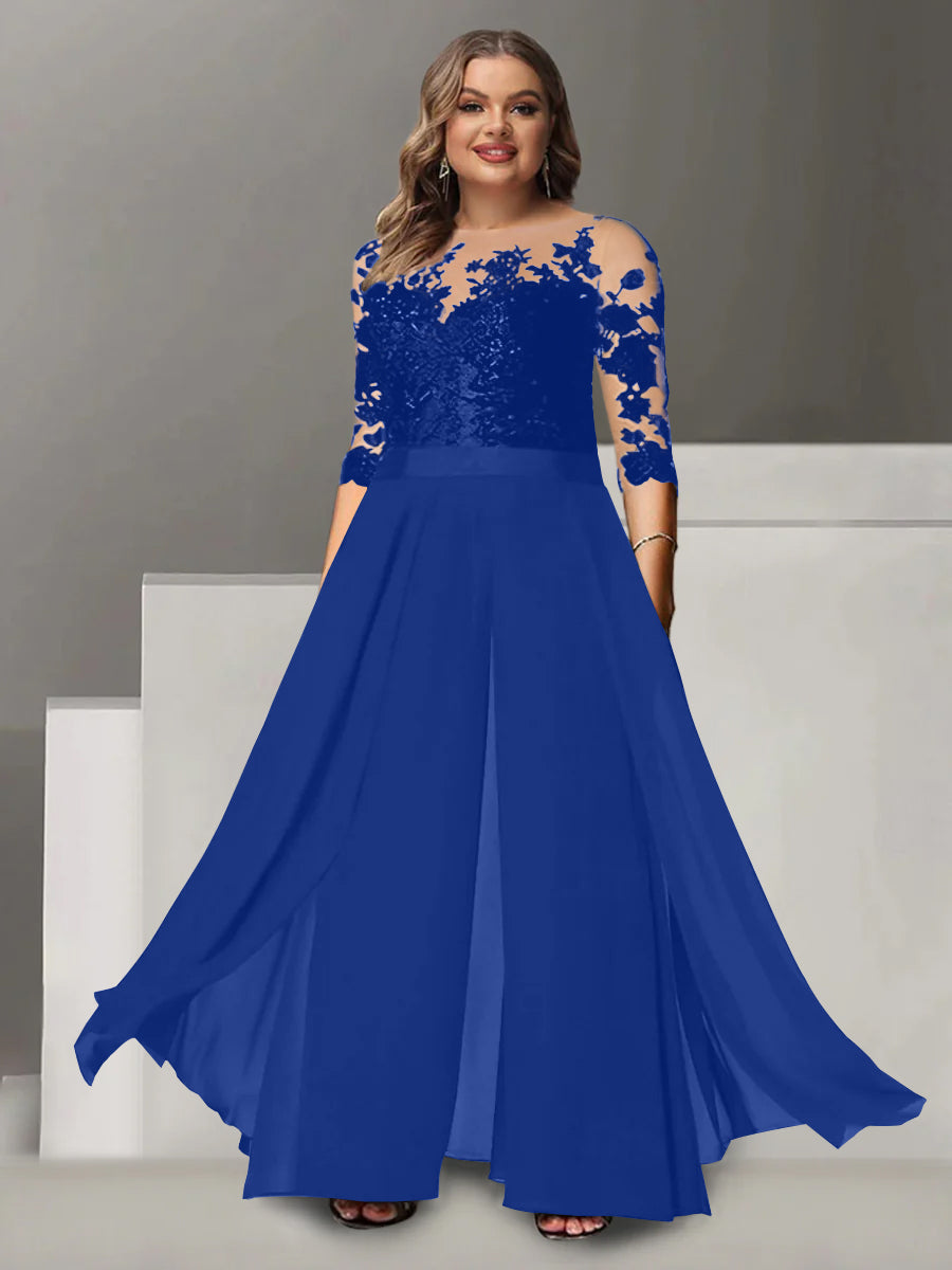 Princess A-Line Floor-Length Plus Size Mother of the Bride Pantsuit with Applique and 3/4 Sleeves Jewel Neck