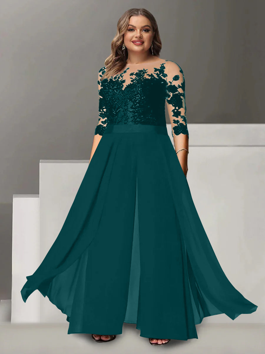Princess A-Line Floor-Length Plus Size Mother of the Bride Pantsuit with Applique and 3/4 Sleeves Jewel Neck