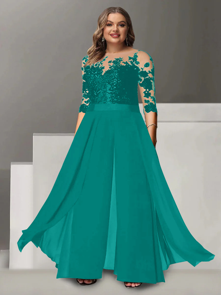 Princess A-Line Floor-Length Plus Size Mother of the Bride Pantsuit with Applique and 3/4 Sleeves Jewel Neck