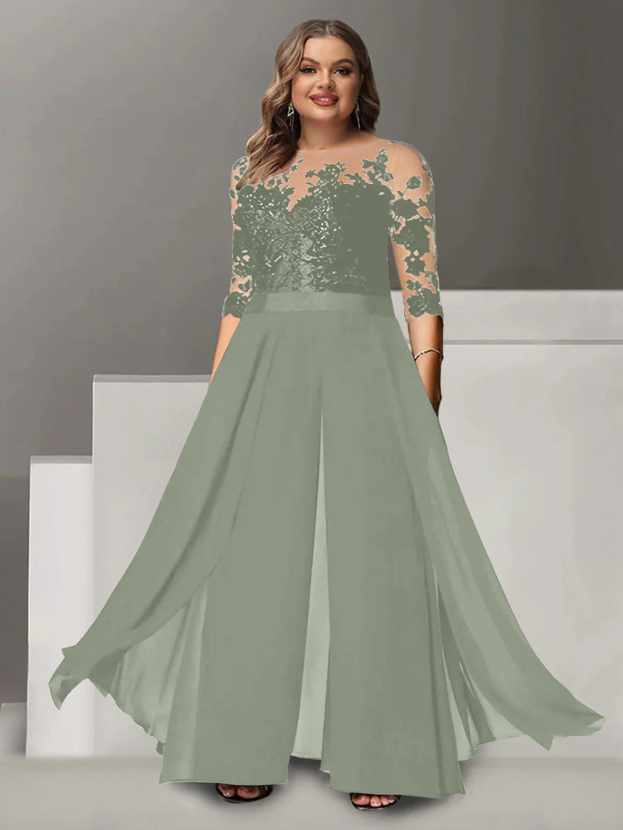 Princess A-Line Floor-Length Plus Size Mother of the Bride Pantsuit with Applique and 3/4 Sleeves Jewel Neck