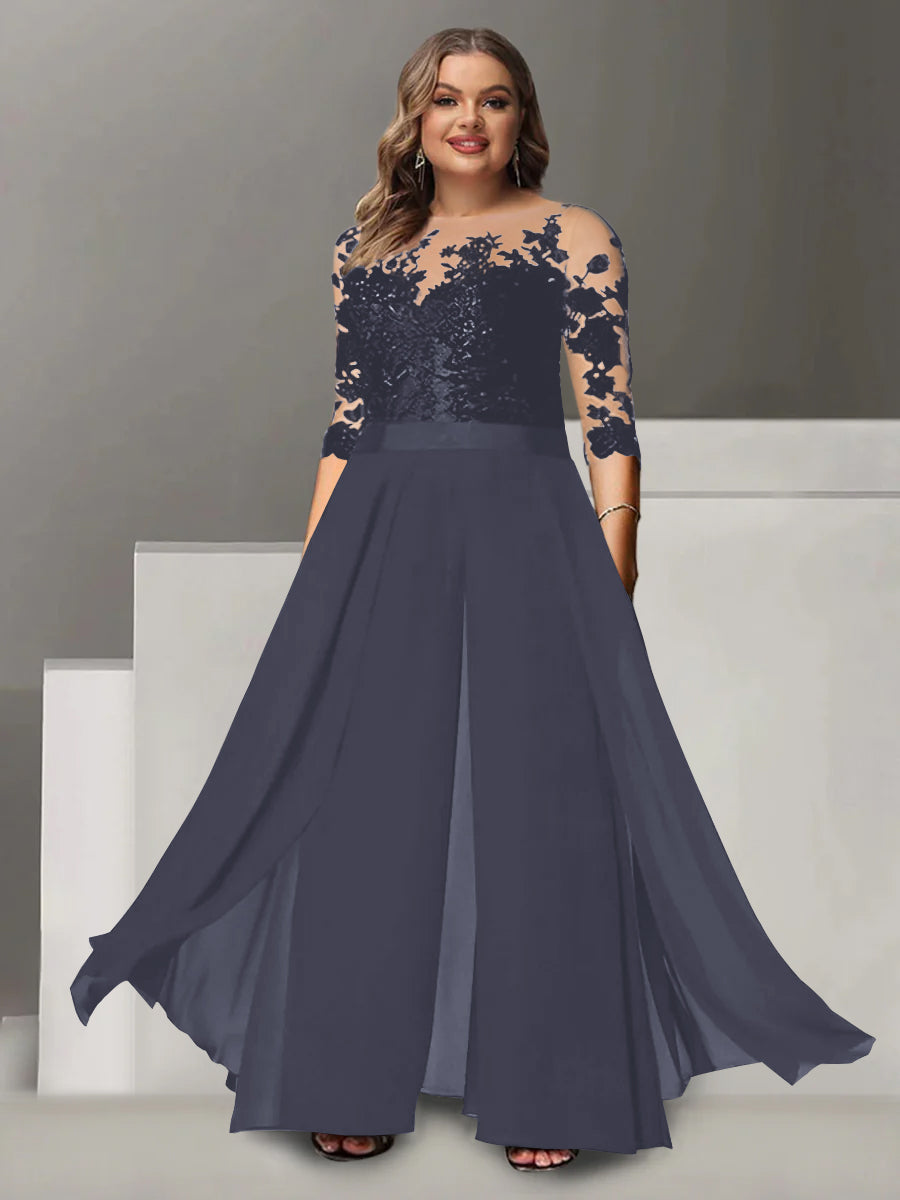 Princess A-Line Floor-Length Plus Size Mother of the Bride Pantsuit with Applique and 3/4 Sleeves Jewel Neck