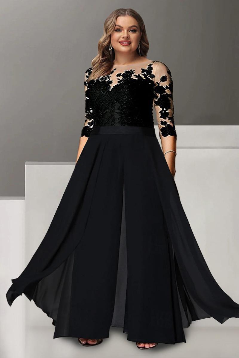 Princess A-Line Floor-Length Plus Size Mother of the Bride Pantsuit with Applique and 3/4 Sleeves Jewel Neck