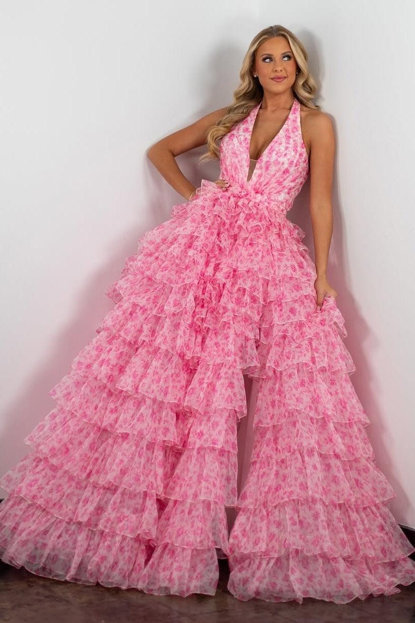 A Line Halter Neck Pink Printed Tulle Long Prom Dress With Ruffles Formal Evening Gown