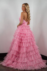 A Line Halter Neck Pink Printed Tulle Long Prom Dress With Ruffles Formal Evening Gown