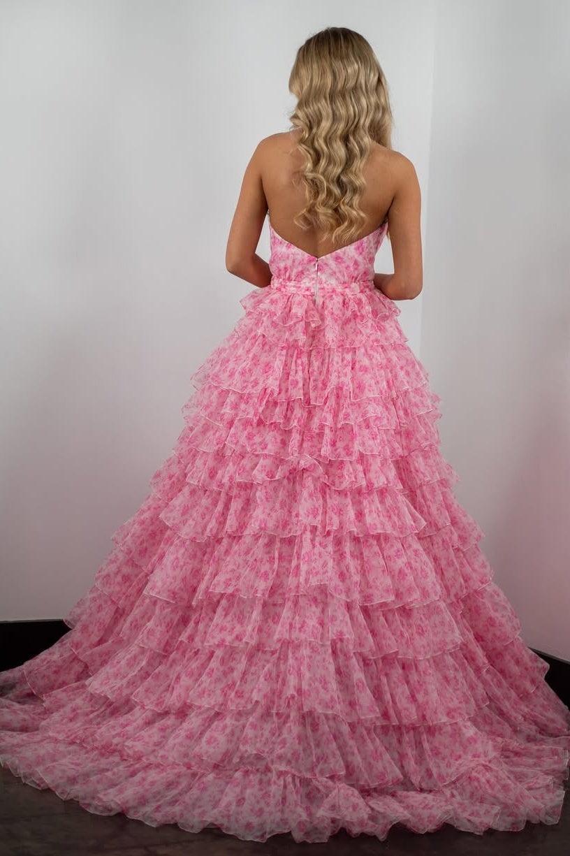 A Line Halter Neck Pink Printed Tulle Long Prom Dress With Ruffles Formal Evening Gown