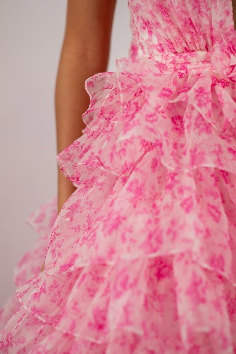 A Line Halter Neck Pink Printed Tulle Long Prom Dress With Ruffles Formal Evening Gown