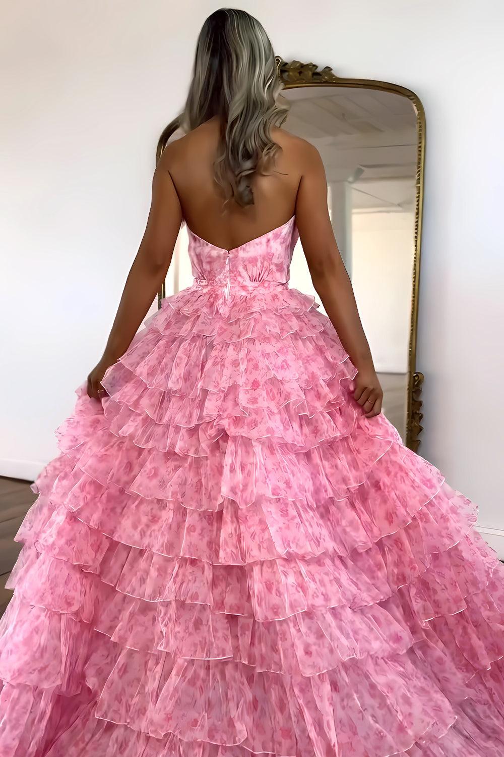 A Line Halter Neck Pink Printed Tulle Long Prom Dress With Ruffles Formal Evening Gown