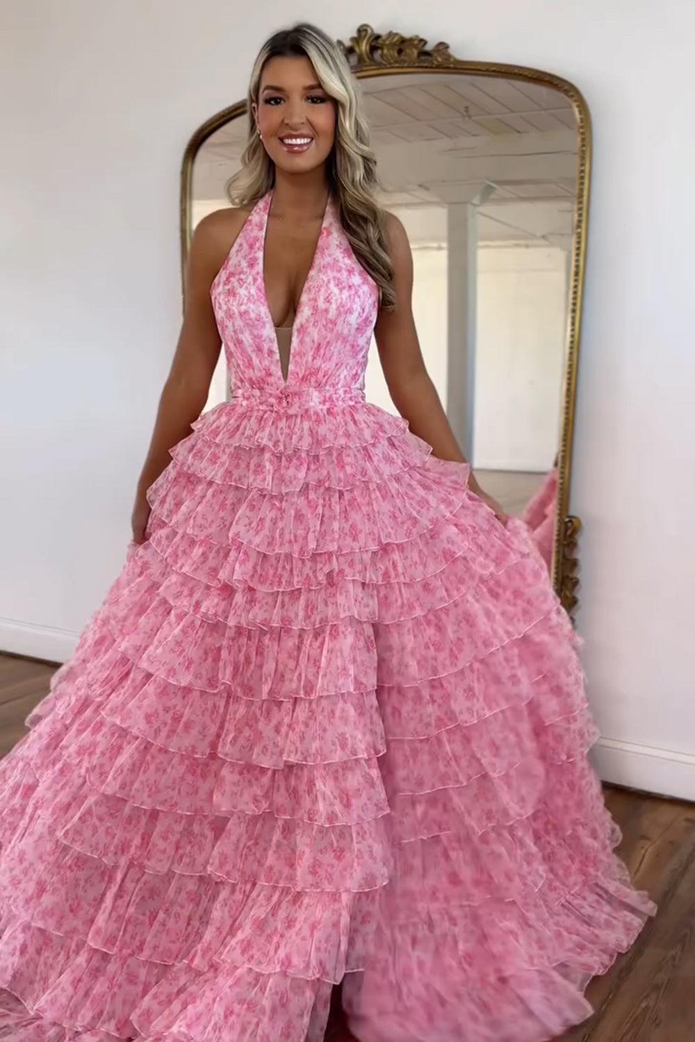 A Line Halter Neck Pink Printed Tulle Long Prom Dress With Ruffles Formal Evening Gown