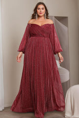 Princess A-Line Off-the-Shoulder Floor-Length Plus Size Mother of the Bride Dress with Long Sleeves and Ruffles