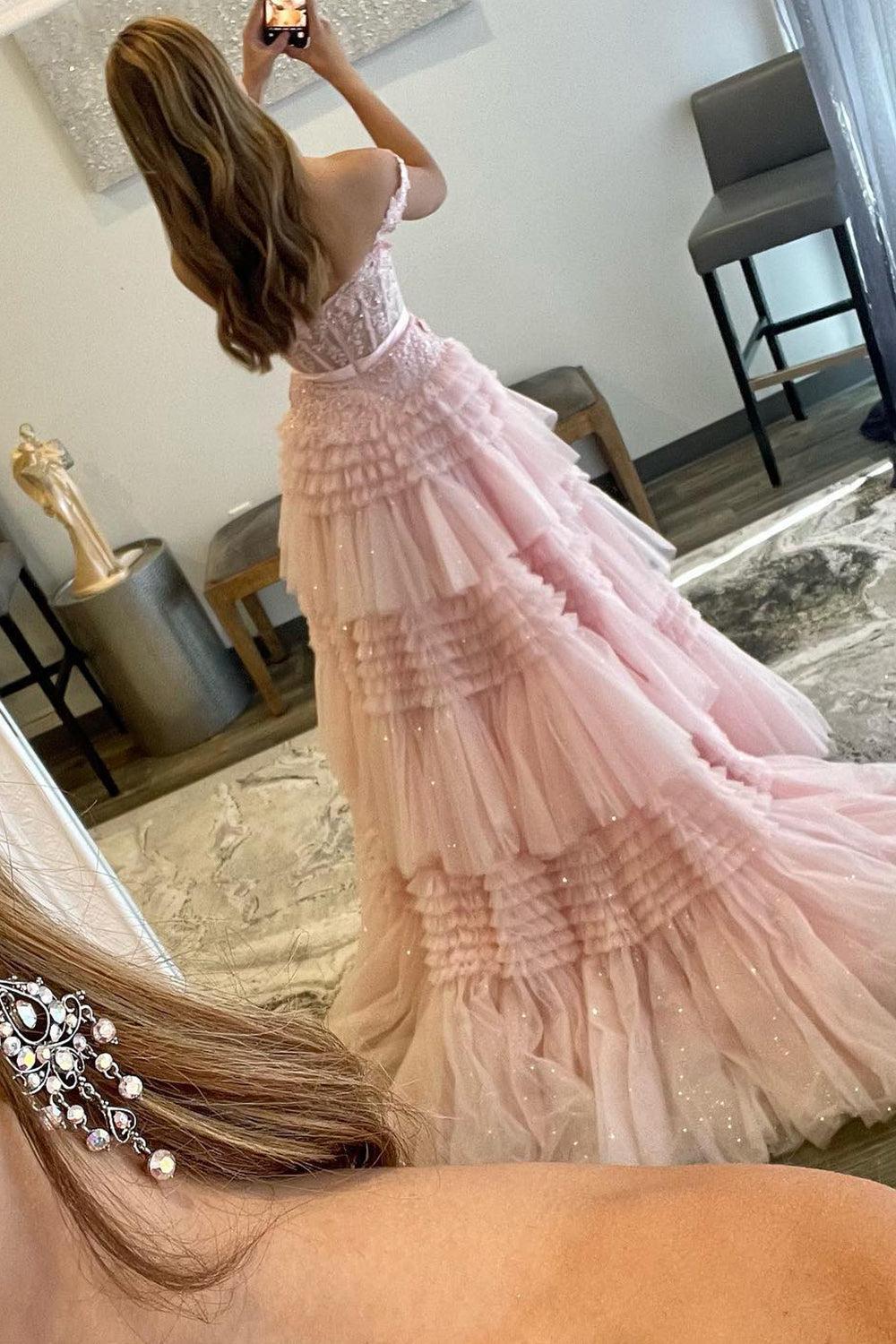 Princess A Line Off the Shoulder Light Pink Prom Dress Long Evening Dress with Ruffles