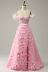 Princess A Line Off the Shoulder Pink Prom Dress Long Evening Dress with Feather