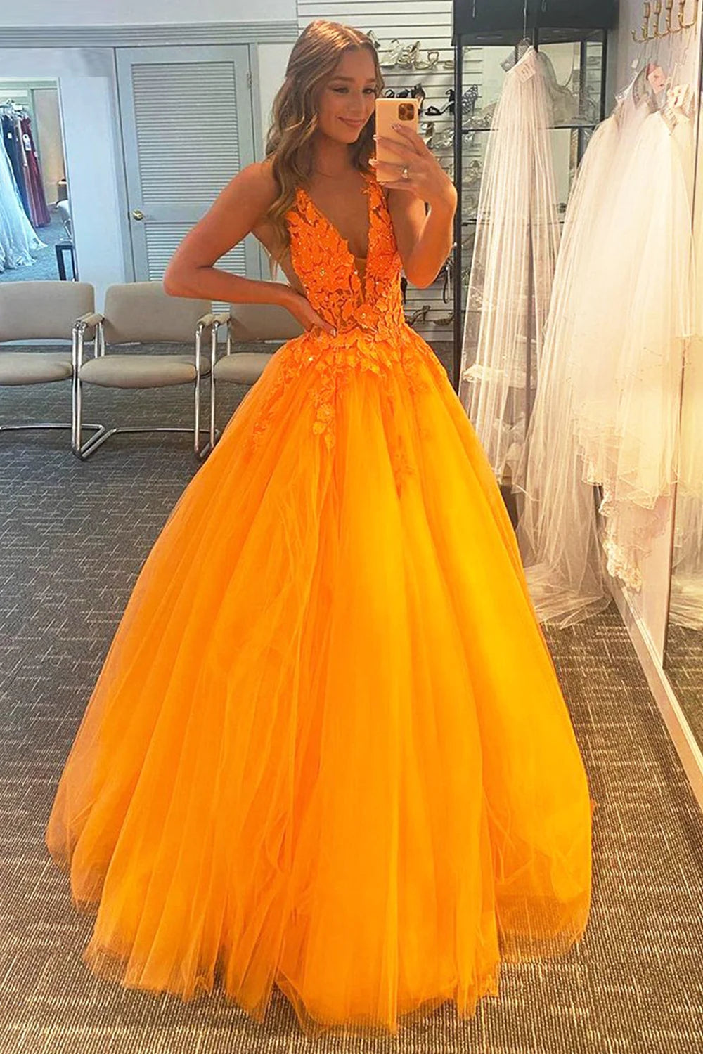 Princess A Line Prom Dress Deep V Neck Blush Long Evening Dress with Appliques
