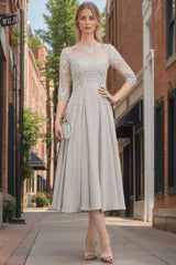 Princess A-Line Scoop Neck Tea-Length Mother of the Bride Dress with Lace and Appliques