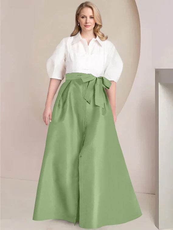 Princess A-Line Shirt Collar Floor-Length Plus Size Mother of the Bride 2-Piece Dress with Bowknot