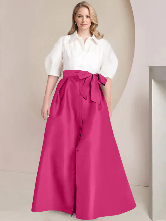 Princess A-Line Shirt Collar Floor-Length Plus Size Mother of the Bride 2-Piece Dress with Bowknot