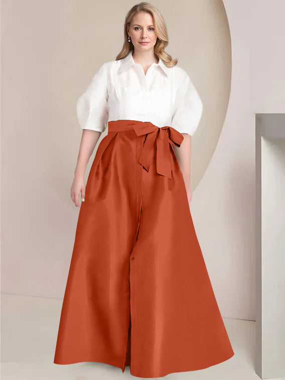 Princess A-Line Shirt Collar Floor-Length Plus Size Mother of the Bride 2-Piece Dress with Bowknot