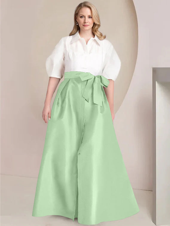 Princess A-Line Shirt Collar Floor-Length Plus Size Mother of the Bride 2-Piece Dress with Bowknot