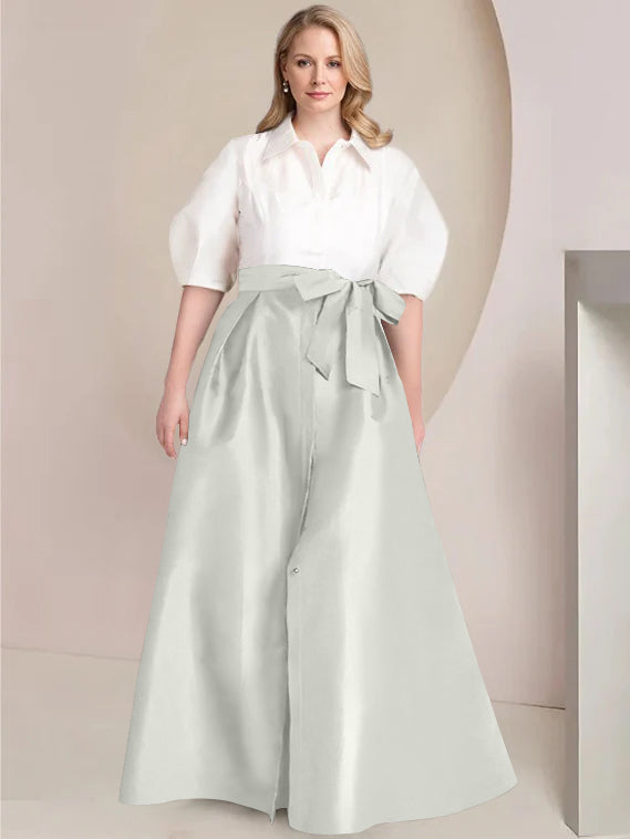 Princess A-Line Shirt Collar Floor-Length Plus Size Mother of the Bride 2-Piece Dress with Bowknot