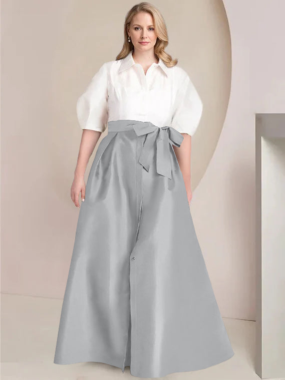 Princess A-Line Shirt Collar Floor-Length Plus Size Mother of the Bride 2-Piece Dress with Bowknot