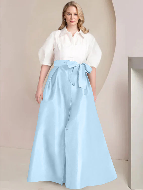 Princess A-Line Shirt Collar Floor-Length Plus Size Mother of the Bride 2-Piece Dress with Bowknot