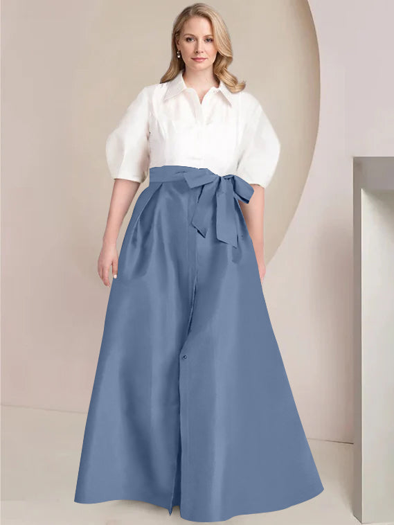 Princess A-Line Shirt Collar Floor-Length Plus Size Mother of the Bride 2-Piece Dress with Bowknot