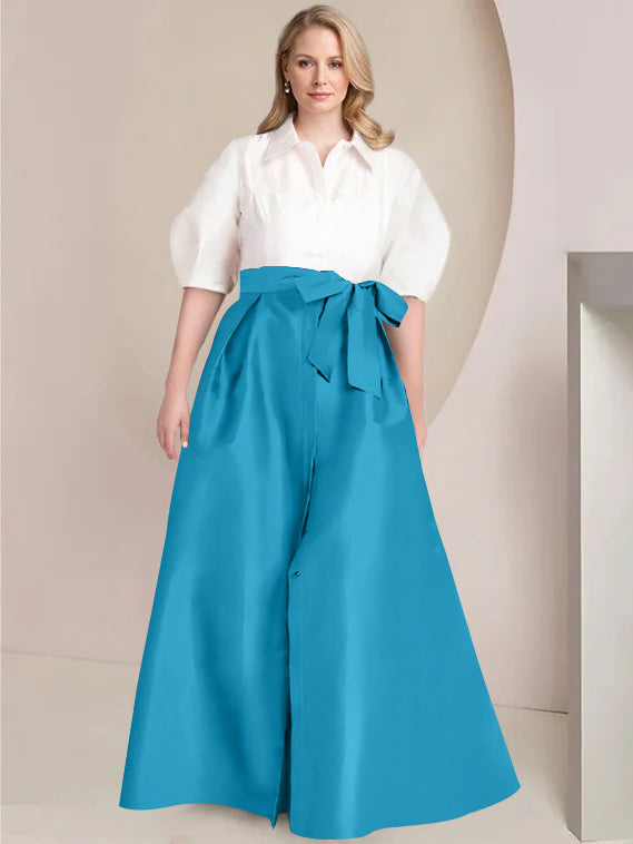 Princess A-Line Shirt Collar Floor-Length Plus Size Mother of the Bride 2-Piece Dress with Bowknot