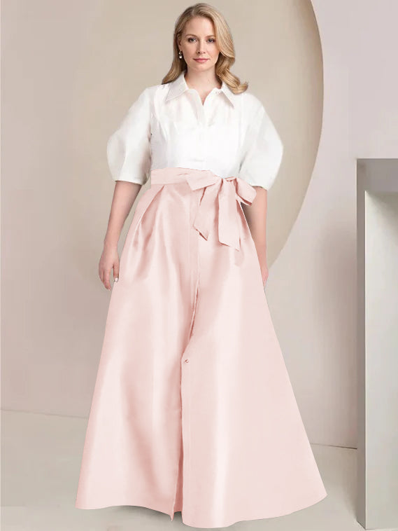 Princess A-Line Shirt Collar Floor-Length Plus Size Mother of the Bride 2-Piece Dress with Bowknot