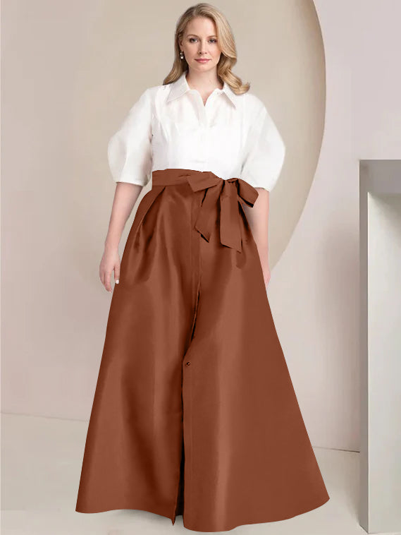 Princess A-Line Shirt Collar Floor-Length Plus Size Mother of the Bride 2-Piece Dress with Bowknot