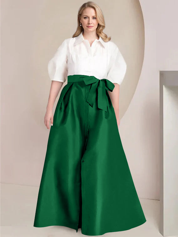 Princess A-Line Shirt Collar Floor-Length Plus Size Mother of the Bride 2-Piece Dress with Bowknot
