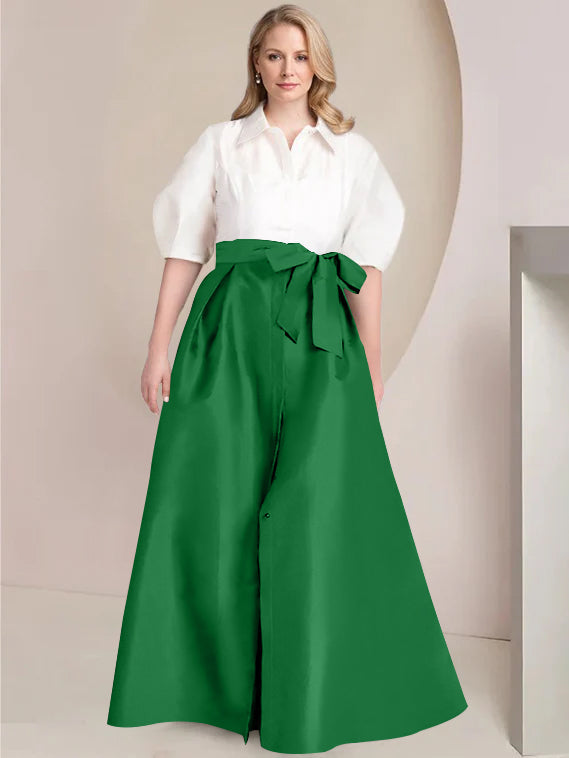 Princess A-Line Shirt Collar Floor-Length Plus Size Mother of the Bride 2-Piece Dress with Bowknot