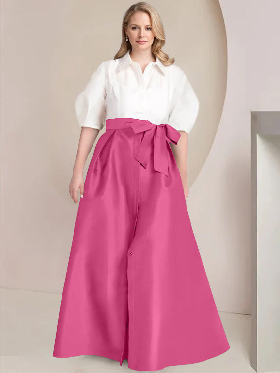 Princess A-Line Shirt Collar Floor-Length Plus Size Mother of the Bride 2-Piece Dress with Bowknot