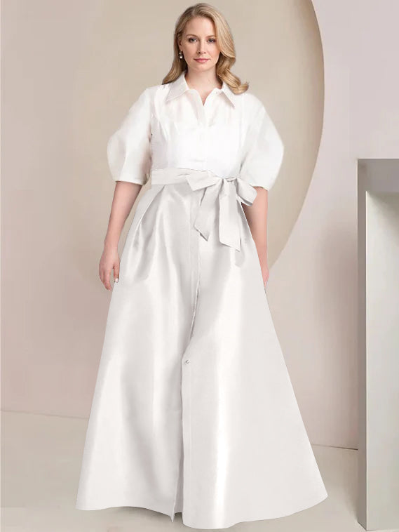 Princess A-Line Shirt Collar Floor-Length Plus Size Mother of the Bride 2-Piece Dress with Bowknot