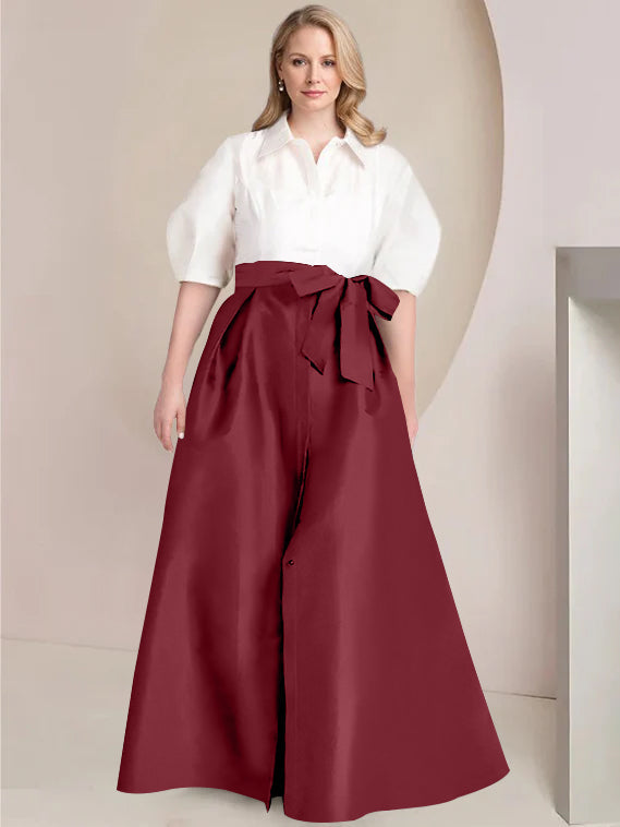 Princess A-Line Shirt Collar Floor-Length Plus Size Mother of the Bride 2-Piece Dress with Bowknot