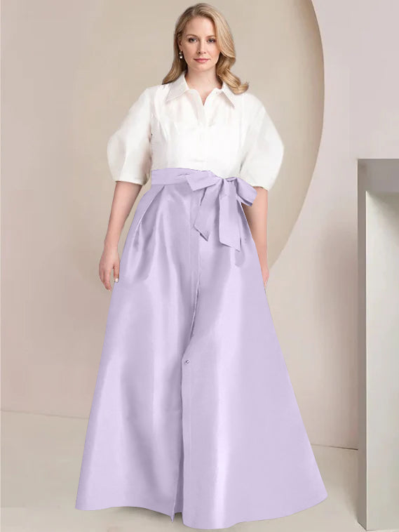 Princess A-Line Shirt Collar Floor-Length Plus Size Mother of the Bride 2-Piece Dress with Bowknot