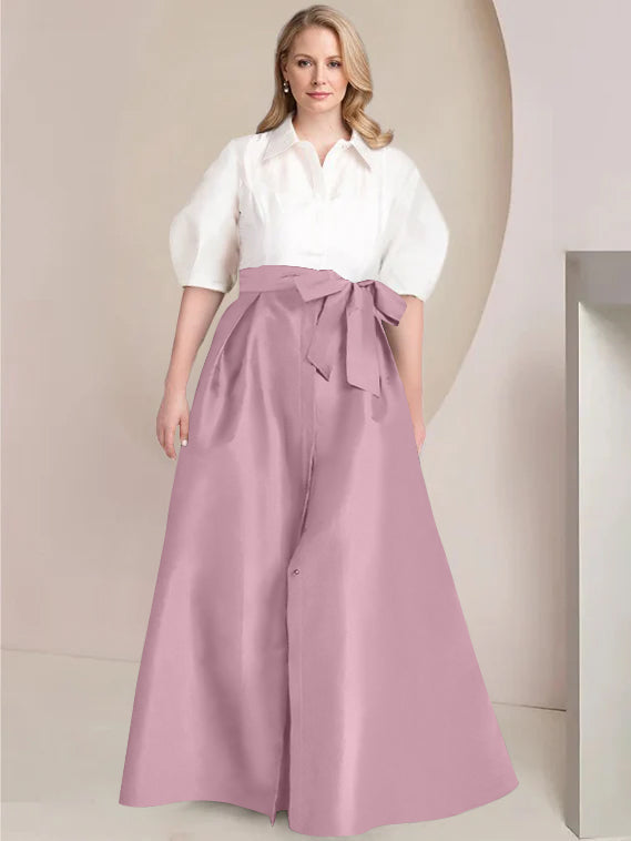 Princess A-Line Shirt Collar Floor-Length Plus Size Mother of the Bride 2-Piece Dress with Bowknot