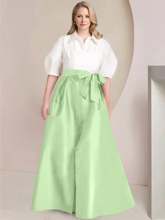 Princess A-Line Shirt Collar Floor-Length Plus Size Mother of the Bride 2-Piece Dress with Bowknot