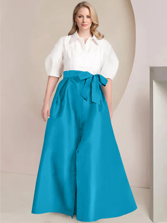 Princess A-Line Shirt Collar Floor-Length Plus Size Mother of the Bride 2-Piece Dress with Bowknot
