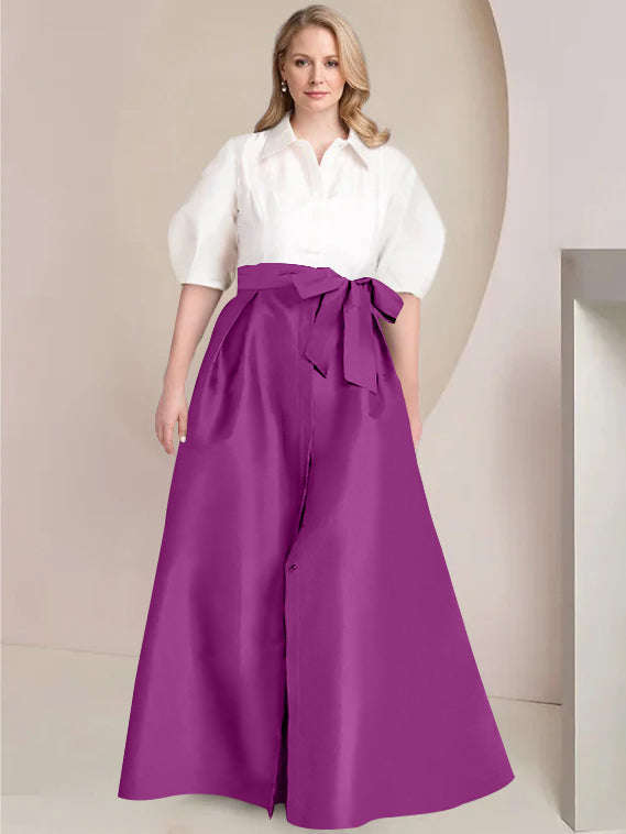 Princess A-Line Shirt Collar Floor-Length Plus Size Mother of the Bride 2-Piece Dress with Bowknot