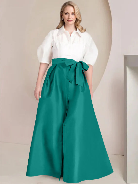 Princess A-Line Shirt Collar Floor-Length Plus Size Mother of the Bride 2-Piece Dress with Bowknot