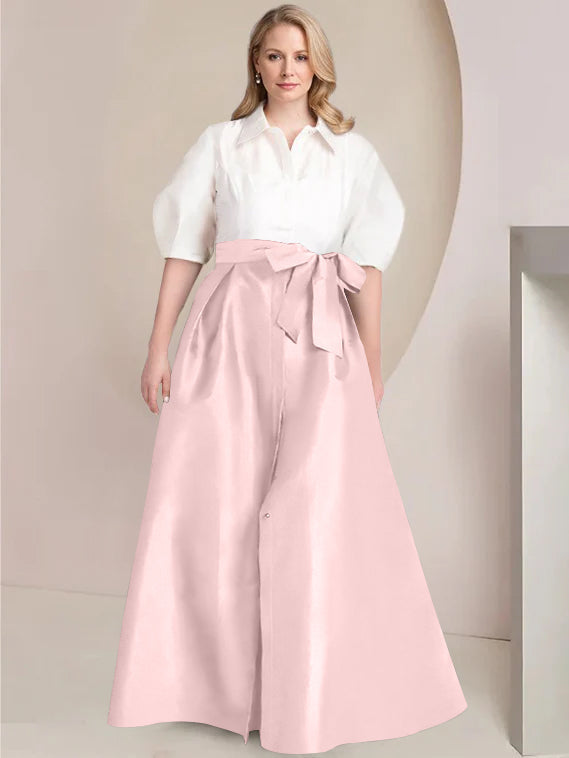 Princess A-Line Shirt Collar Floor-Length Plus Size Mother of the Bride 2-Piece Dress with Bowknot