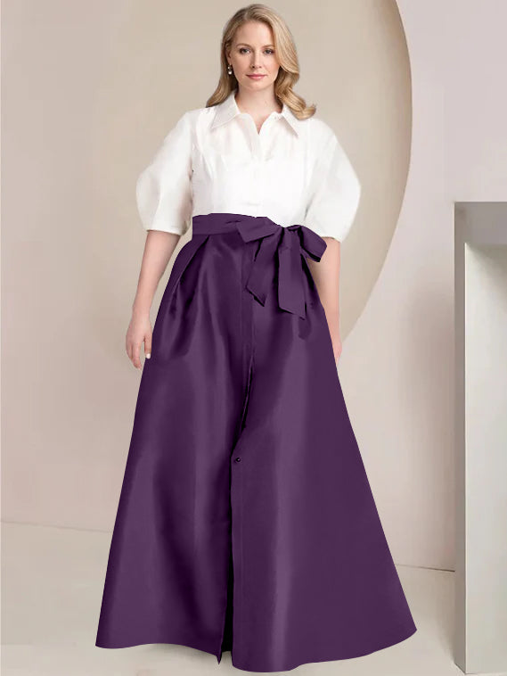 Princess A-Line Shirt Collar Floor-Length Plus Size Mother of the Bride 2-Piece Dress with Bowknot