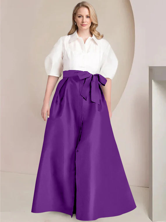 Princess A-Line Shirt Collar Floor-Length Plus Size Mother of the Bride 2-Piece Dress with Bowknot
