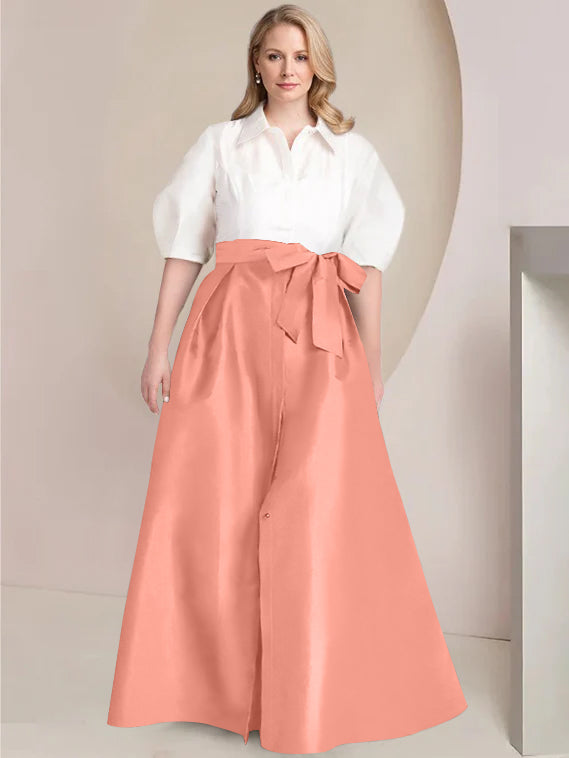 Princess A-Line Shirt Collar Floor-Length Plus Size Mother of the Bride 2-Piece Dress with Bowknot