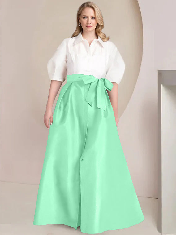 Princess A-Line Shirt Collar Floor-Length Plus Size Mother of the Bride 2-Piece Dress with Bowknot