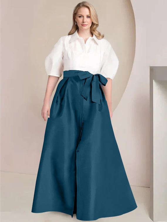 Princess A-Line Shirt Collar Floor-Length Plus Size Mother of the Bride 2-Piece Dress with Bowknot