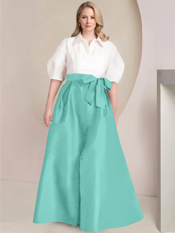 Princess A-Line Shirt Collar Floor-Length Plus Size Mother of the Bride 2-Piece Dress with Bowknot