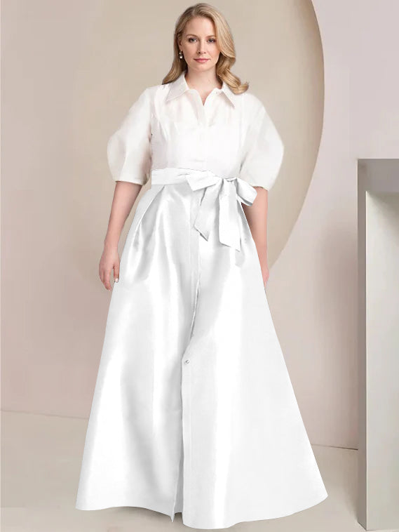 Princess A-Line Shirt Collar Floor-Length Plus Size Mother of the Bride 2-Piece Dress with Bowknot