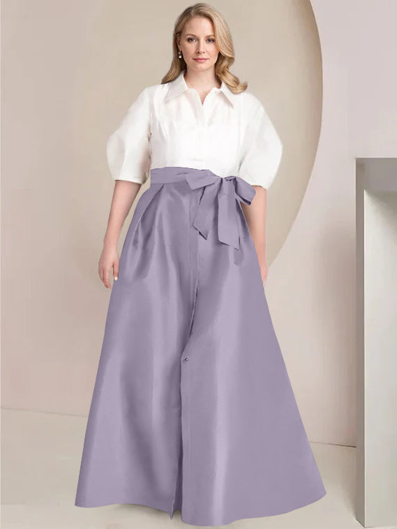 Princess A-Line Shirt Collar Floor-Length Plus Size Mother of the Bride 2-Piece Dress with Bowknot