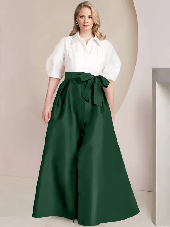 Princess A-Line Shirt Collar Floor-Length Plus Size Mother of the Bride 2-Piece Dress with Bowknot