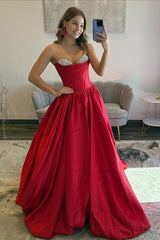 A Line Sweetheart Red Corset Prom Dress With Beading Formal Evening Gown